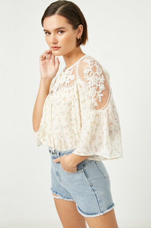 Embroidered Floral Print Bell Sleeve Top
