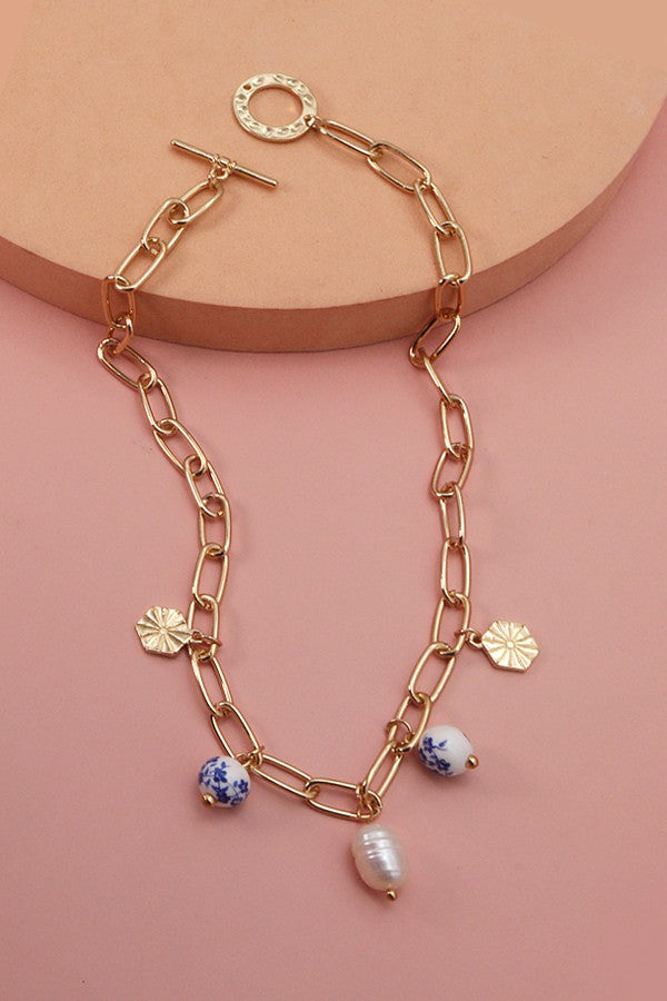 Porcelain Bead Link Chain Necklace