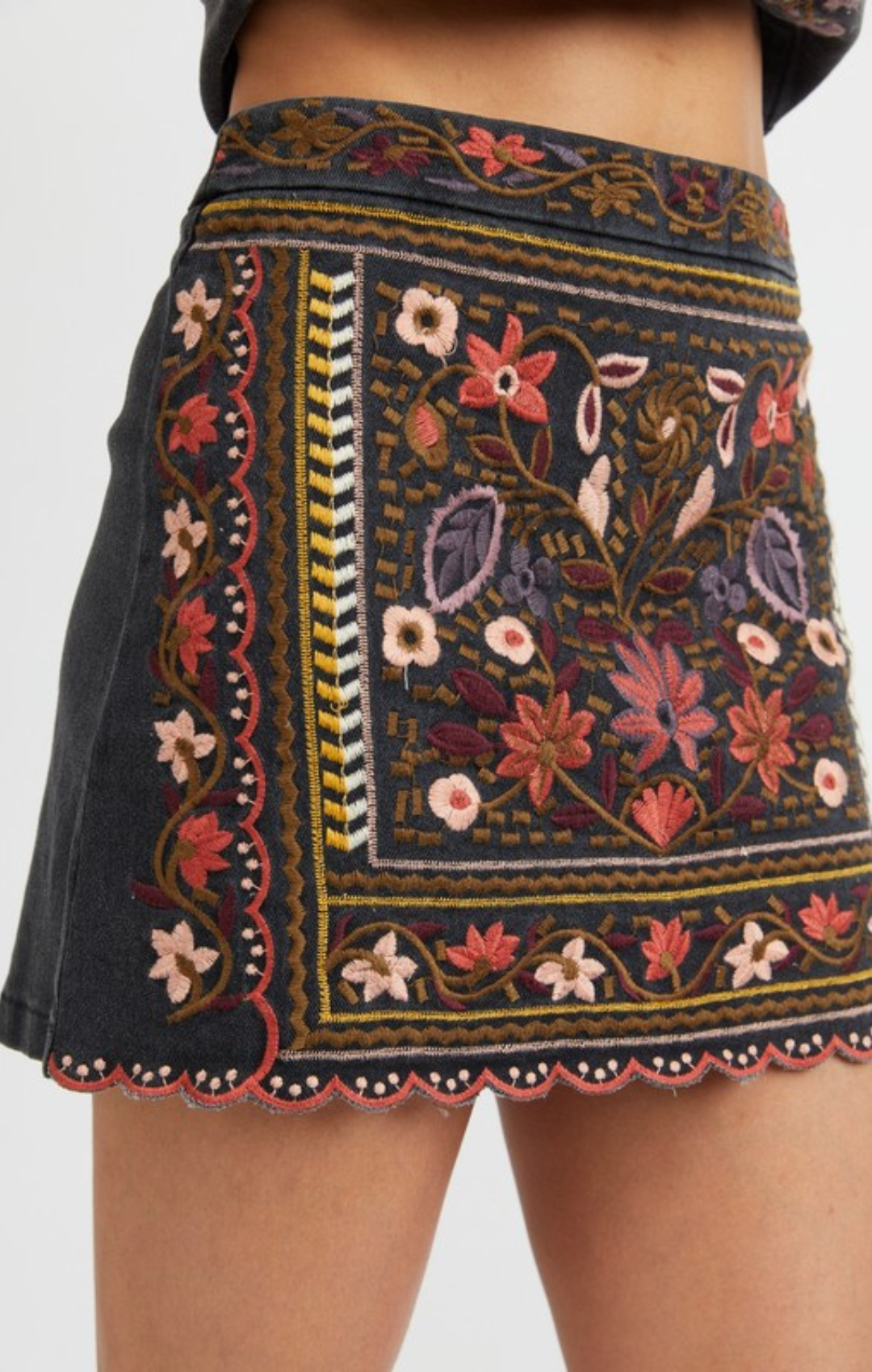 Floral Embroidered Denim Skirt