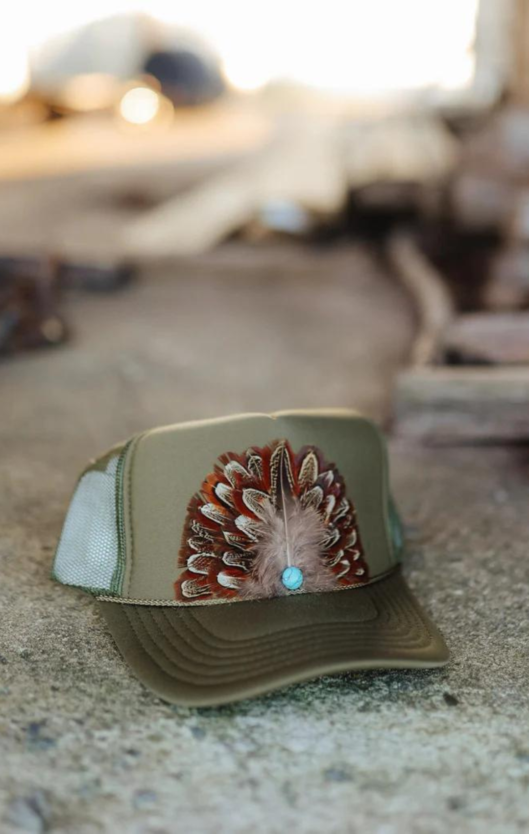 Olive Green Feather Trucker