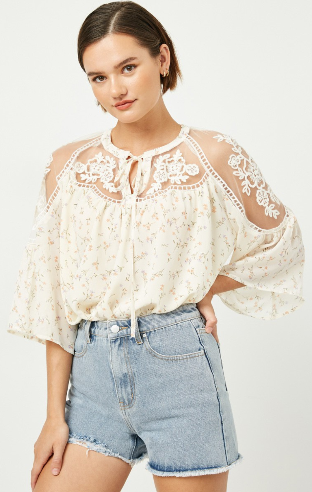 Embroidered Floral Print Bell Sleeve Top