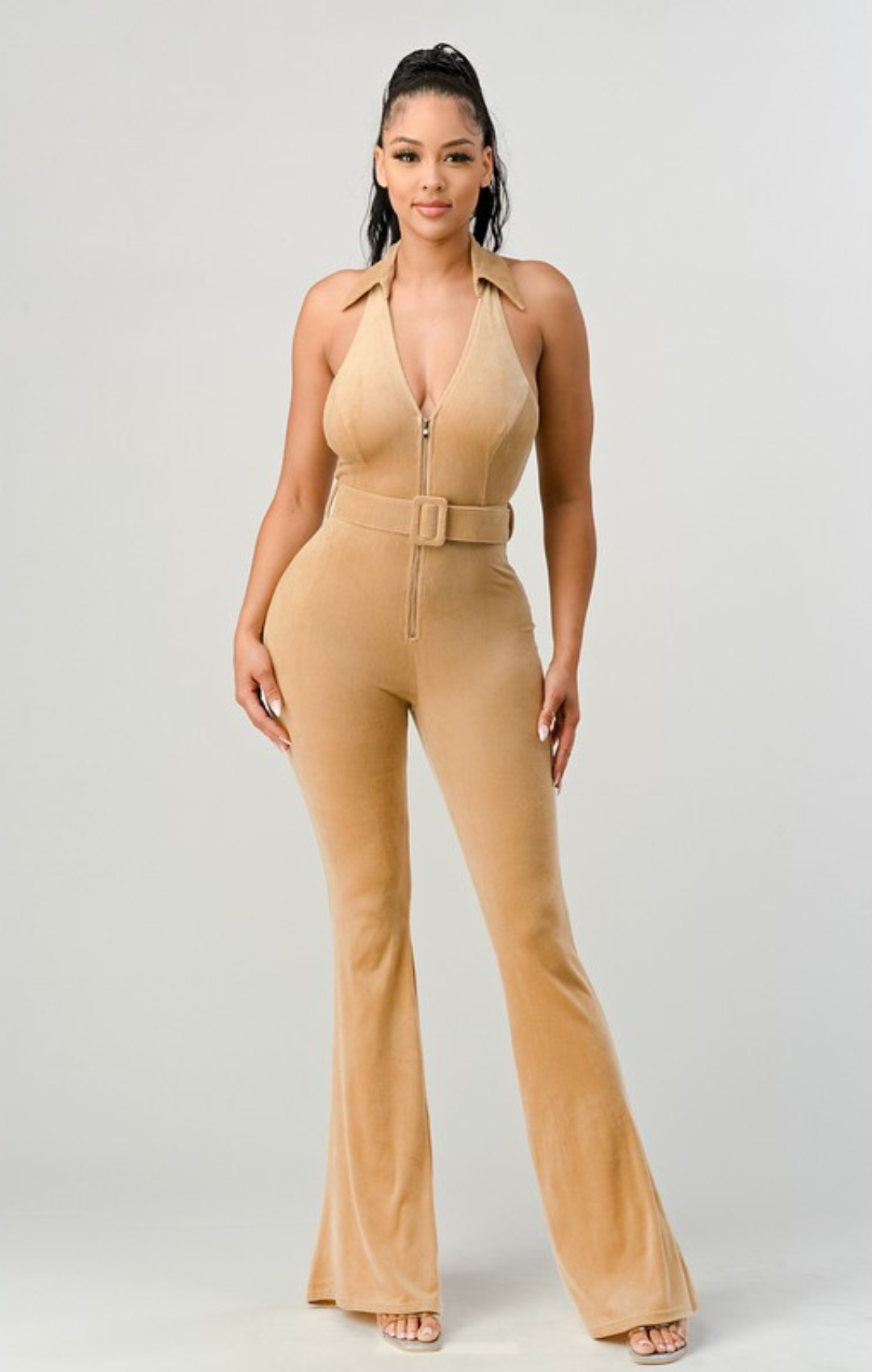 Belted Collar Corduroy Jumpsuit